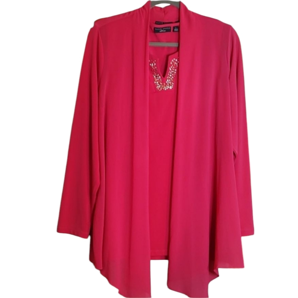 Susan Graver Coral 2 Piece Set Embellished Tank & Cardigan  sz Large